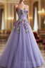 A-Line Purple Tulle Embroidery Appliques Sweetheart Neck Formal Prom Dress