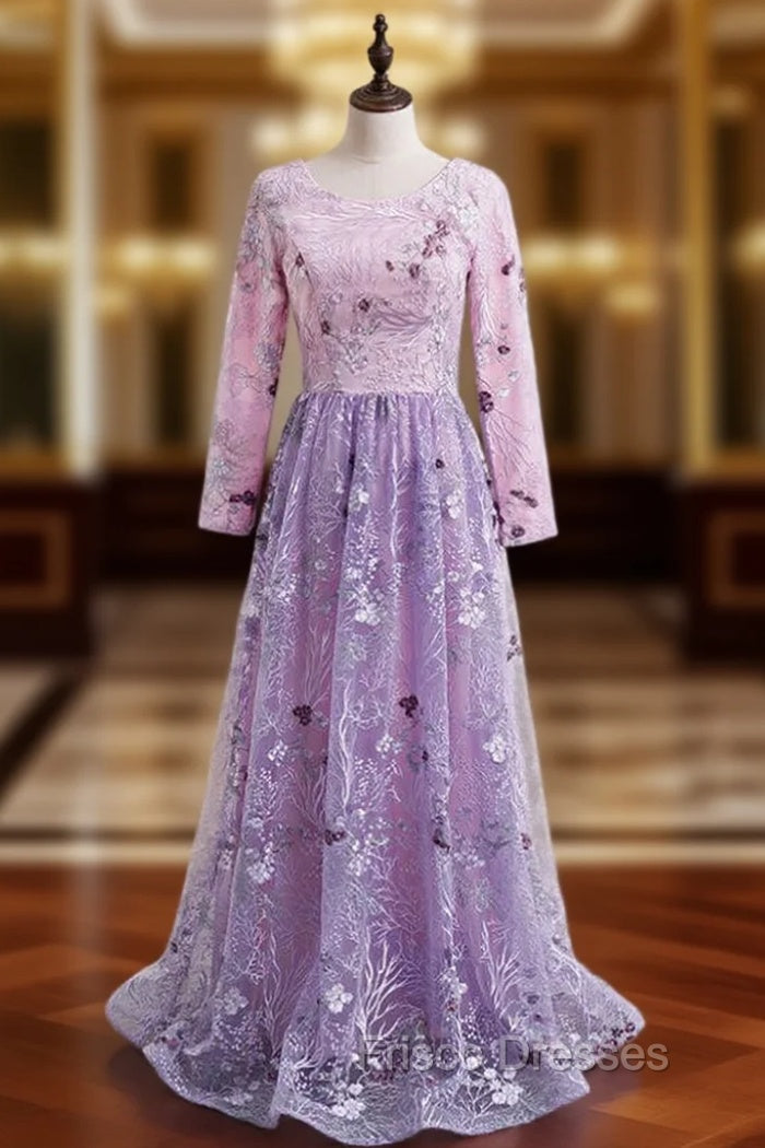 A-Line Purple Tulle Embroidery Long Sleeve Formal Prom Dress Main image