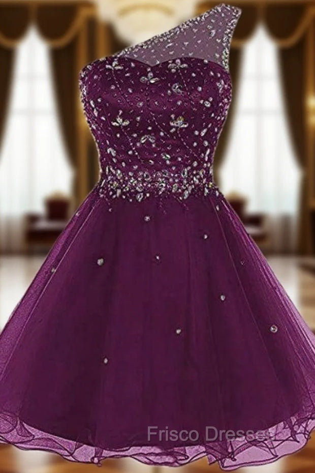 A-Line Purple Tulle One Sholuder Beading Crystal Homecoming Dress