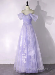 A-line Purple Tulle with Lace Off Shoulder Formal Dress, Purple Tulle Formal Prom Dress