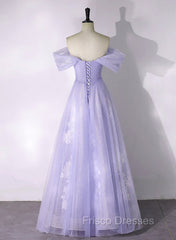 A-line Purple Tulle with Lace Off Shoulder Formal Dress, Purple Tulle Formal Prom Dress