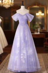 A-line Purple Tulle with Lace Off Shoulder Formal Dress, Purple Tulle Formal Prom Dress