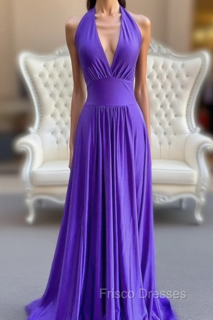 A-Line Purple V-neck Backless Formal Prom Dress Main image