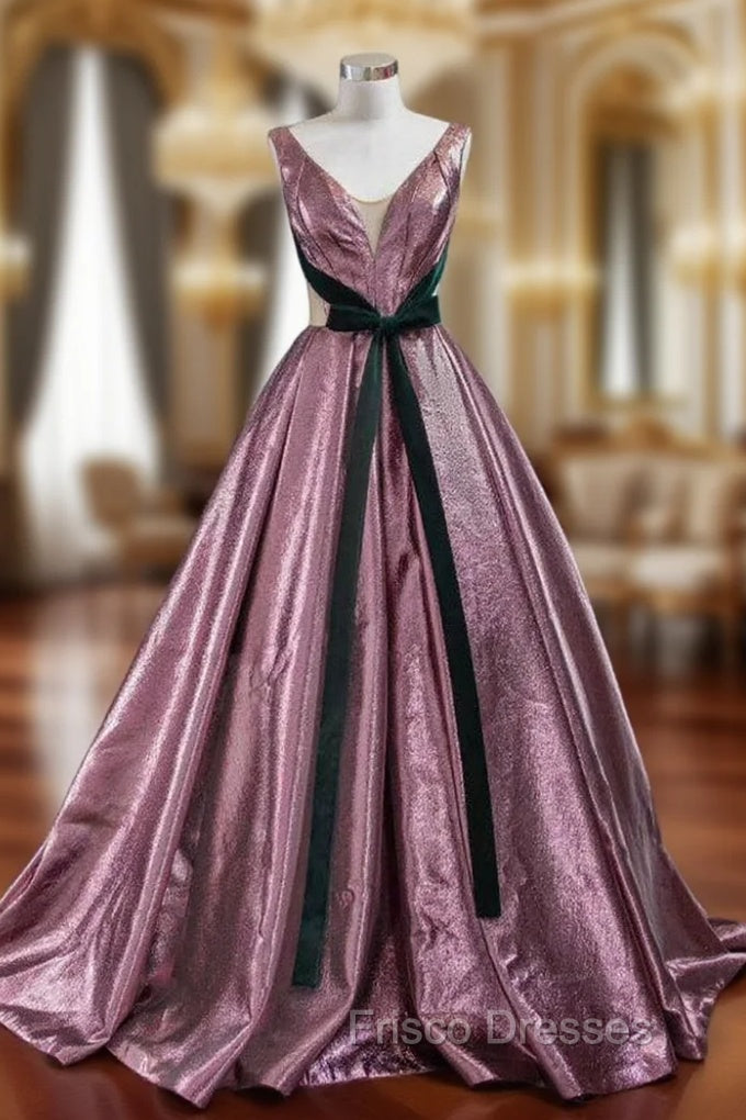 A-Line Purple V-neck Pleats Long Formal Prom Dress With Green Velvet