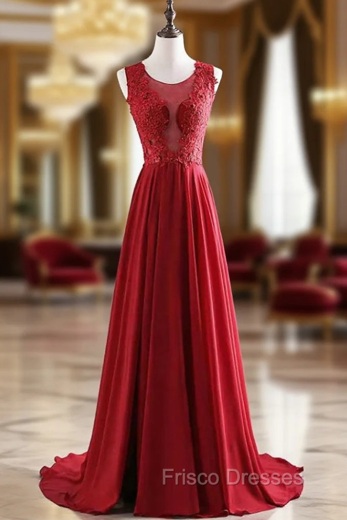 A-Line Red Chiffon Appliques Long Floor Length Formal Prom Dress Main image