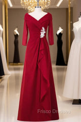 A Line Red Full Sleeve V-Neck Long Mother of the Bride Dresss