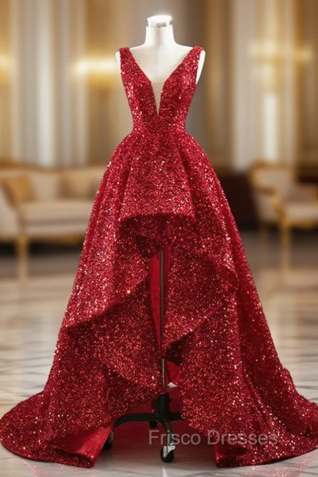 A-line Red  Sequins V-neck Formal Prom Dress