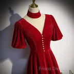 A-Line Red High Neckline Velvet Long Party Dress Short Sleeves Velvet Formal Prom Dress