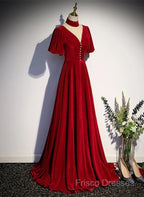 A-Line Red High Neckline Velvet Long Party Dress Short Sleeves Velvet Formal Prom Dress