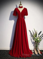 A-Line Red High Neckline Velvet Long Party Dress Short Sleeves Velvet Formal Prom Dress
