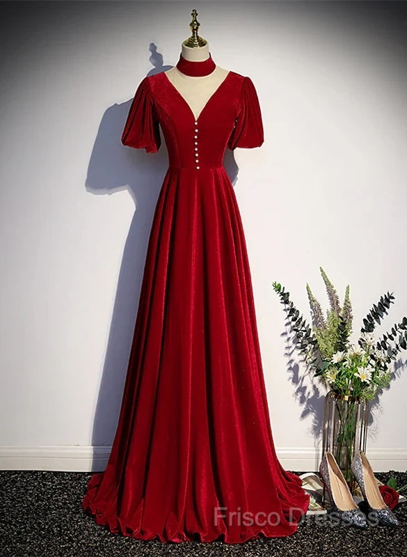 A-Line Red High Neckline Velvet Long Party Dress Short Sleeves Velvet Formal Prom Dress