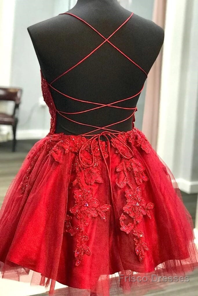 A Line Red Lace Homecoming Dresses Short V Neck Beaded Damas Dress Secondary image