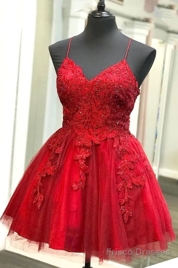 A Line Red Lace Homecoming Dresses Short V Neck Beaded Damas Dress Main image