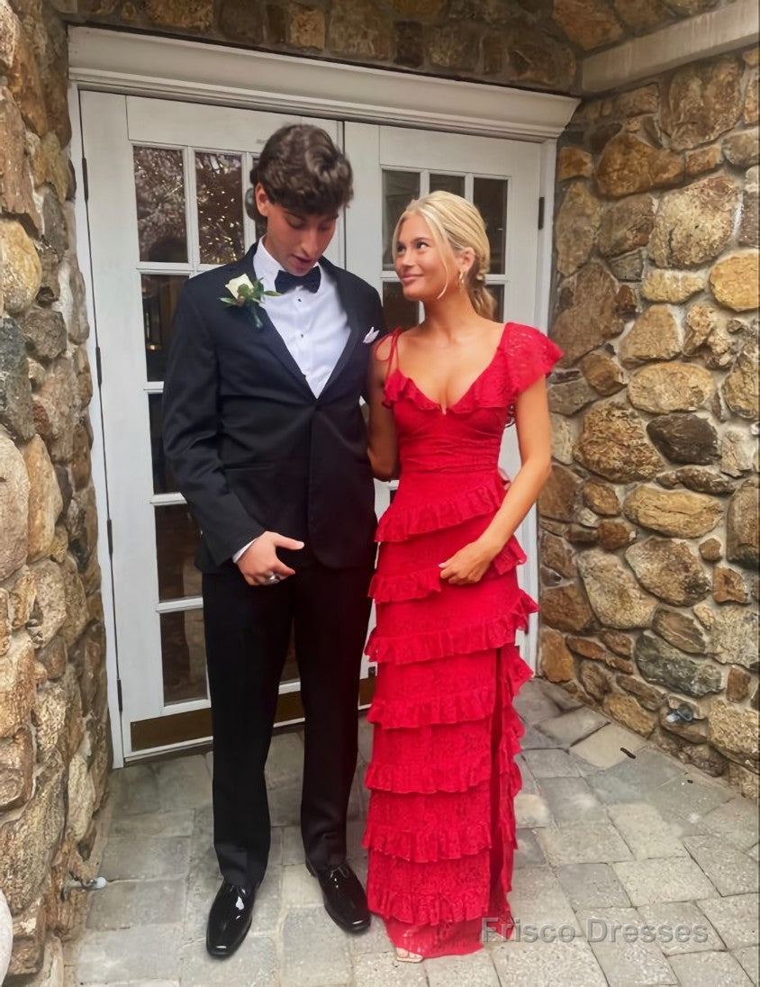 A line Red Lace Long Prom Dresses Main image