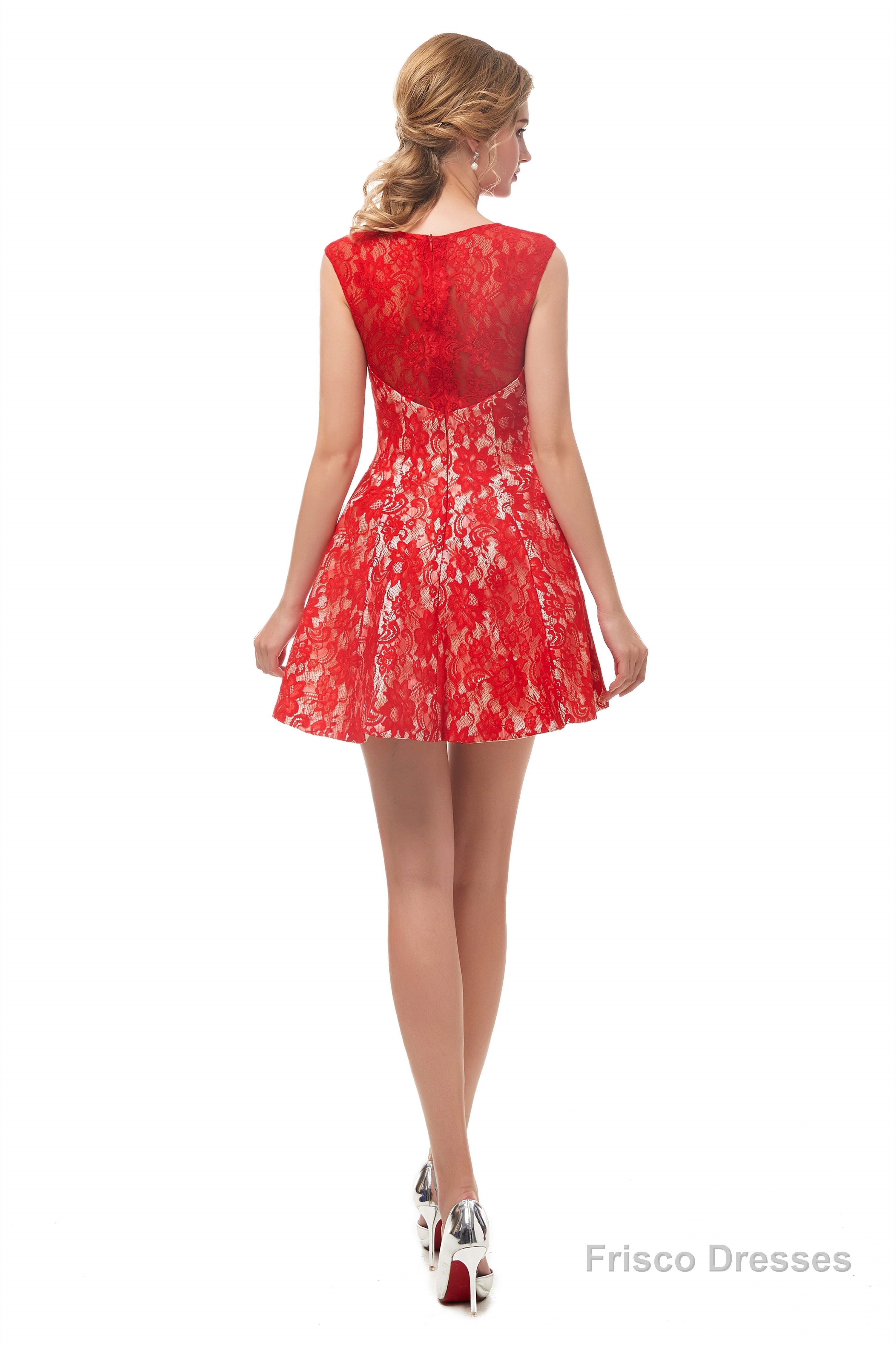 A-Line Red Lace Sleeveless Mini Homecoming Dresses