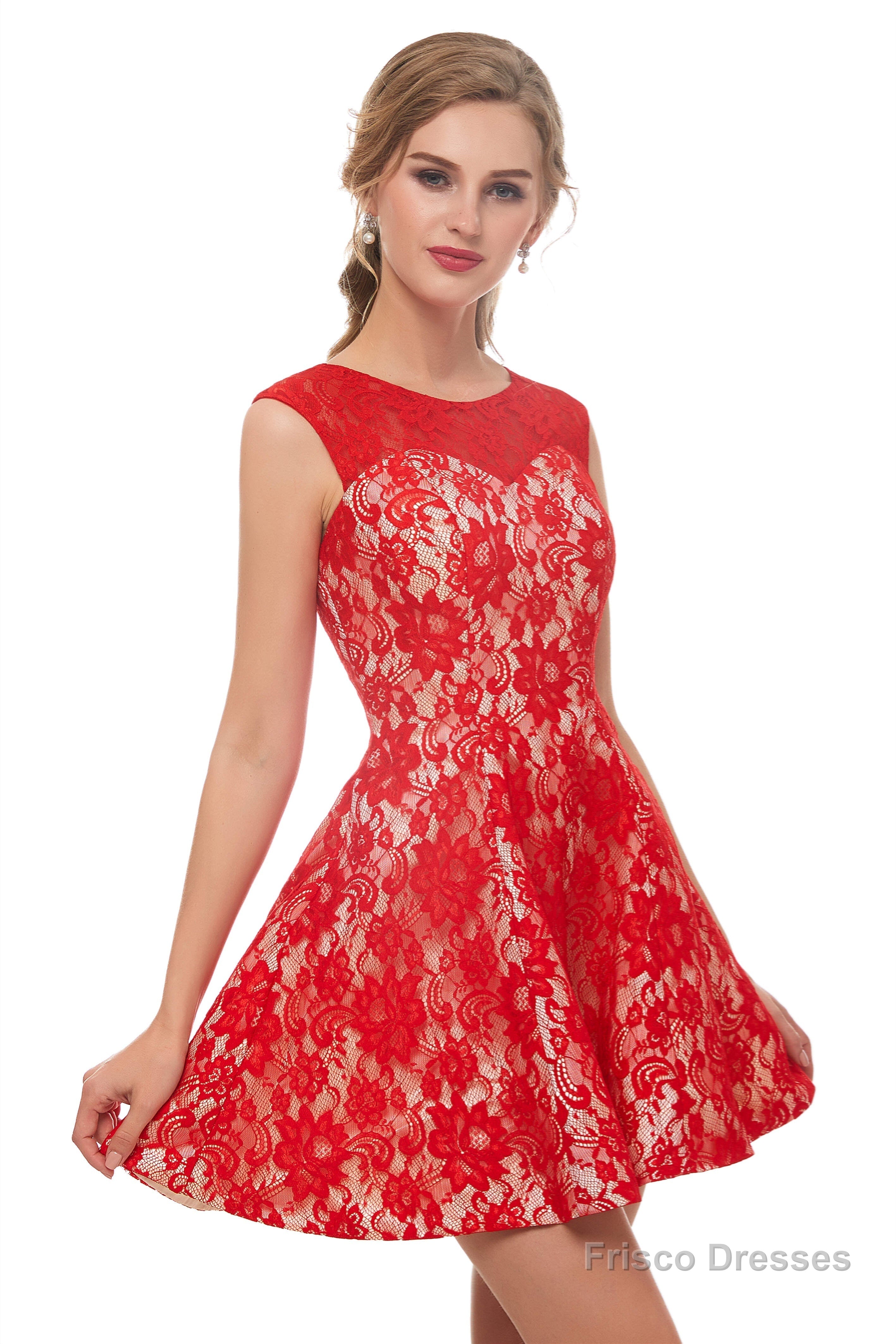 A-Line Red Lace Sleeveless Mini Homecoming Dresses Main image