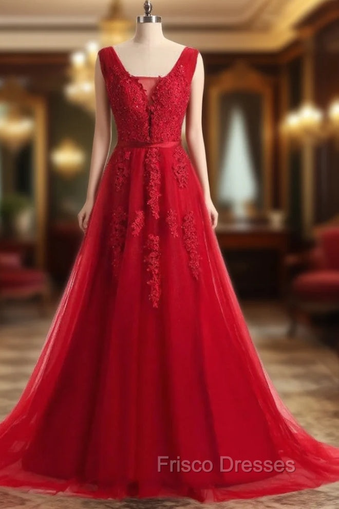 A-line Red Lace V-neck Backless Long Evening Dress