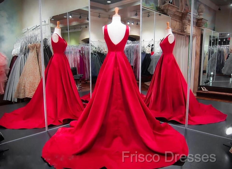 A Line Red Formal Prom Dress V Neck Satin Long Formal Dress