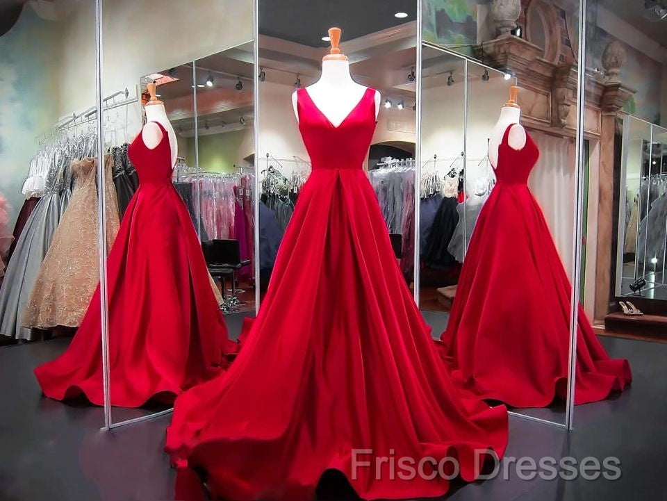 A Line Red Formal Prom Dress V Neck Satin Long Formal Dress