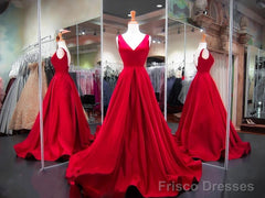 A Line Red Prom Dresses V Neck Satin Long Evening Dress