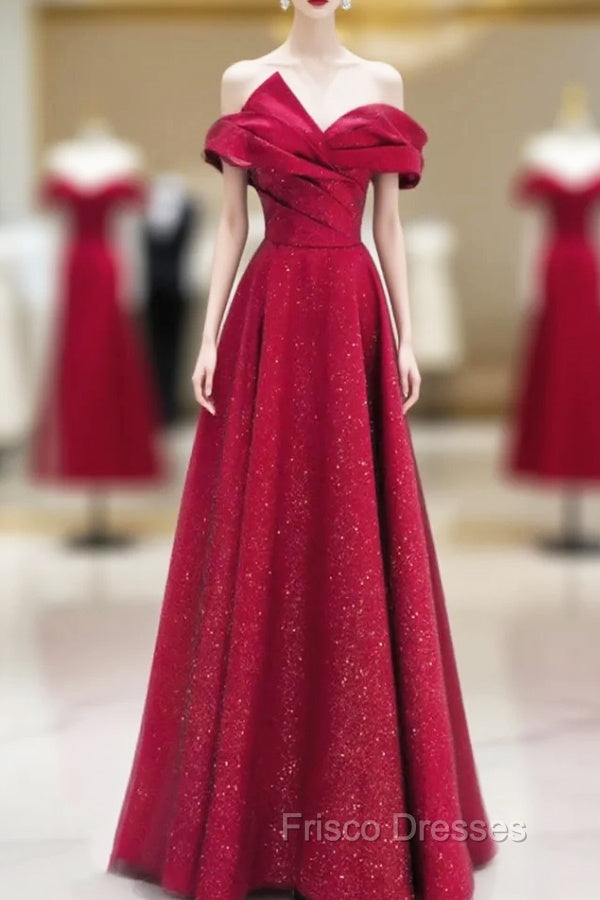 A-Line Red Satin Long Off Shoulder Evening Dress, Simple Floor Length Formal Prom Dress Main image