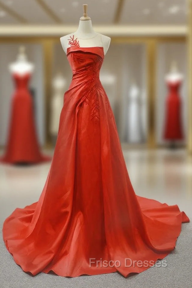 A-Line Red Satin Pleats Beading Backless Long Formal Prom Dress