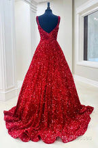 A-Line Red Sequin Quince Dress Square Neck Backless Long Formal Prom Dress