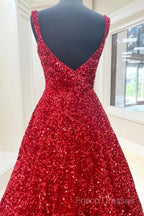 A-Line Red Sequin Quince Dress Square Neck Backless Long Formal Prom Dress