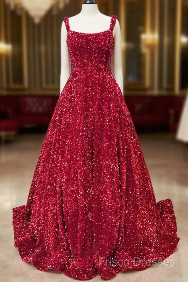 A-Line Red Sequin Quince Dress Square Neck Backless Long Formal Prom Dress Main image