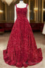 A-Line Red Sequin Quince Dress Square Neck Backless Long Formal Prom Dress