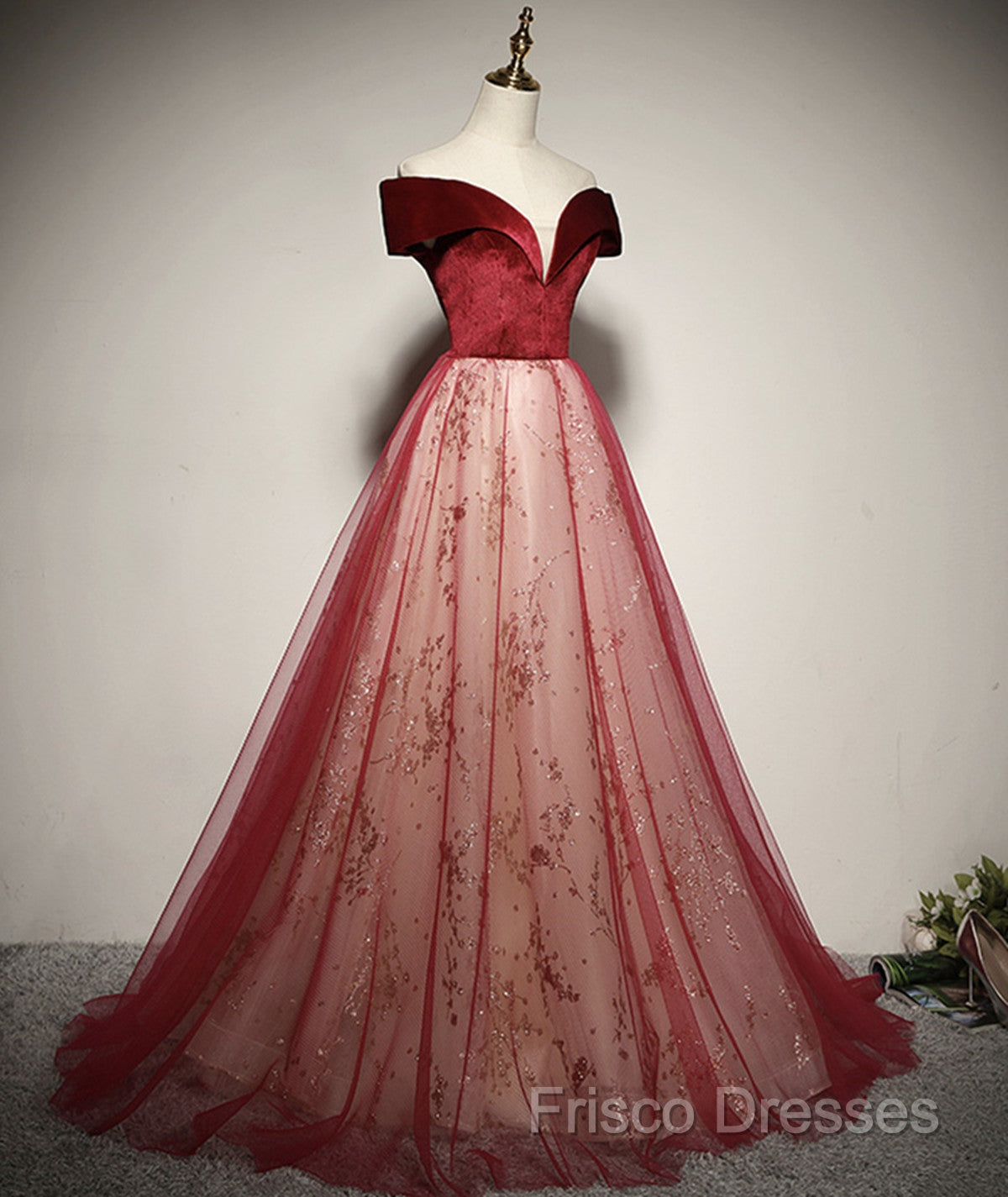 A-Line Red Tulle And Velvet Off Shoulder Long Formal Prom Dress, Red Formal Dress