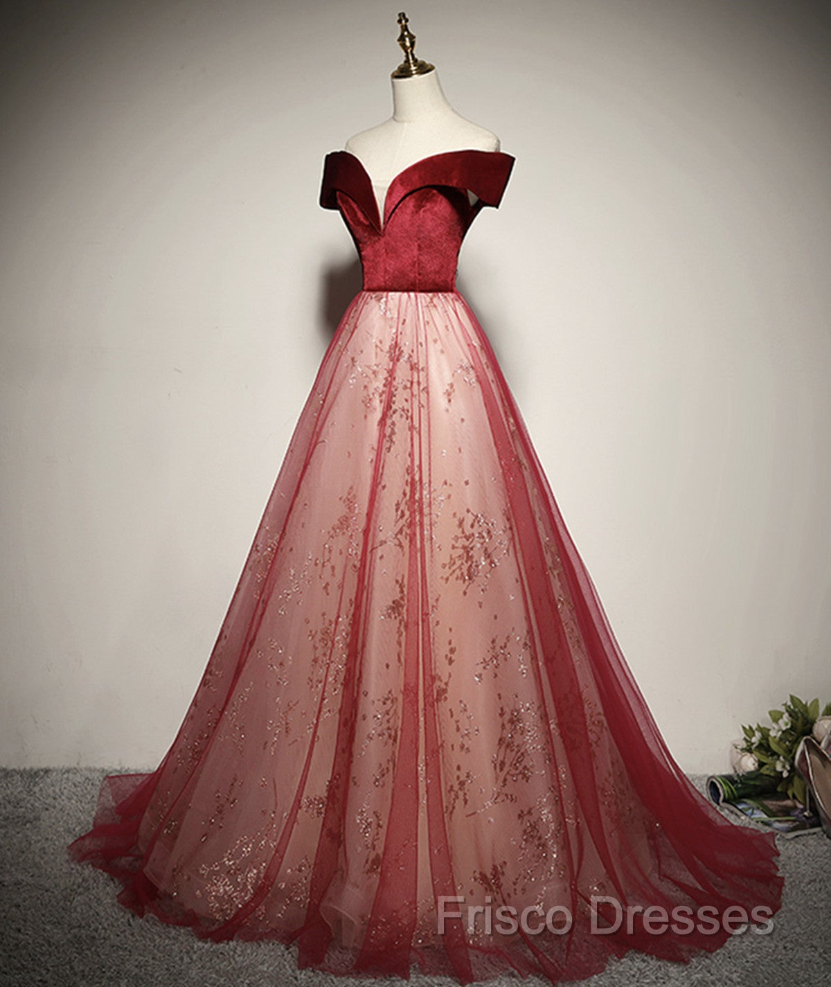 A-Line Red Tulle And Velvet Off Shoulder Long Formal Prom Dress, Red Formal Dress