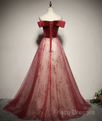 A-Line Red Tulle And Velvet Off Shoulder Long Formal Prom Dress, Red Formal Dress