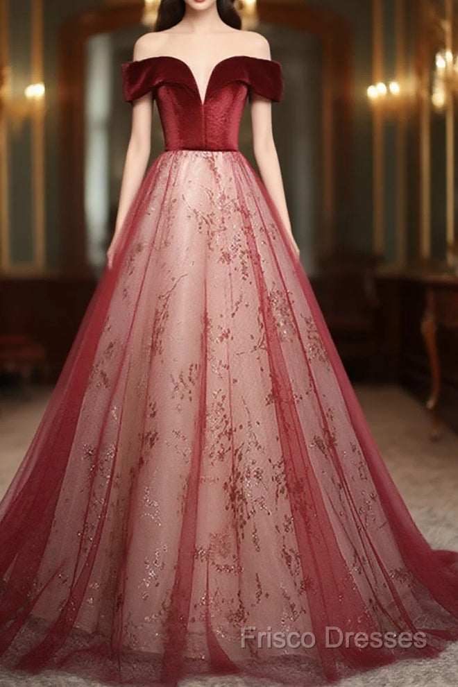 A-Line Red Tulle And Velvet Off Shoulder Long Formal Prom Dress, Red Formal Dress Main image