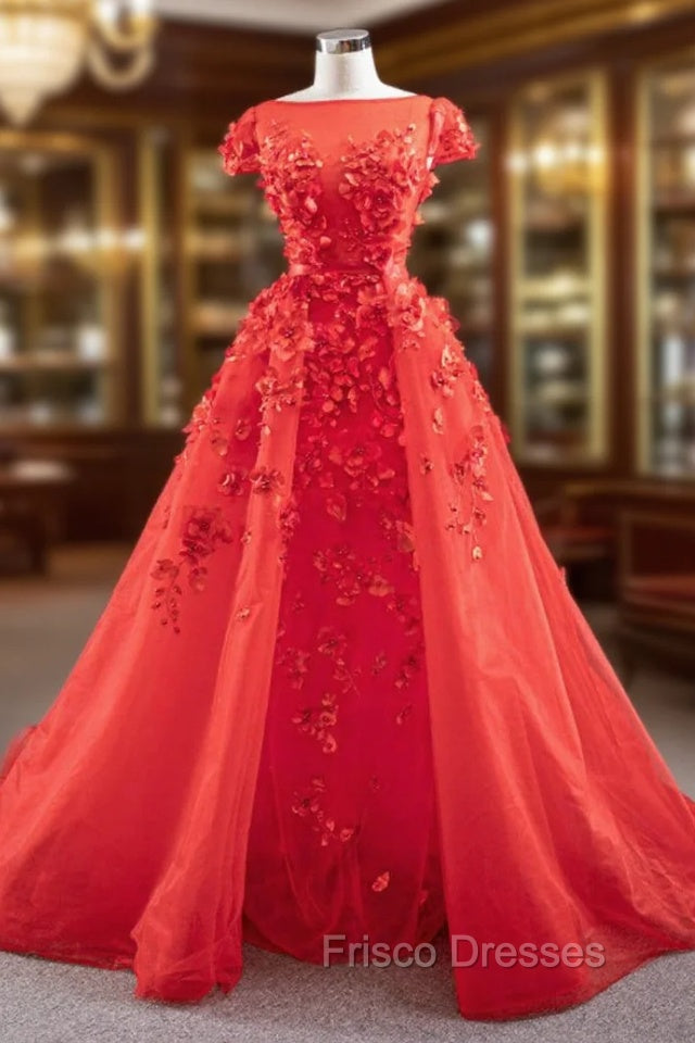 A-Line Red Tulle Appliques Cap Sleeve Formal Prom Dress With Removable Train Main image