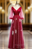 A-Line Red Tulle V-neck Long Sleeve Backless Formal Prom Dress