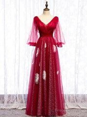 A-Line Red Tulle V-neck Long Sleeve Backless Prom Dress