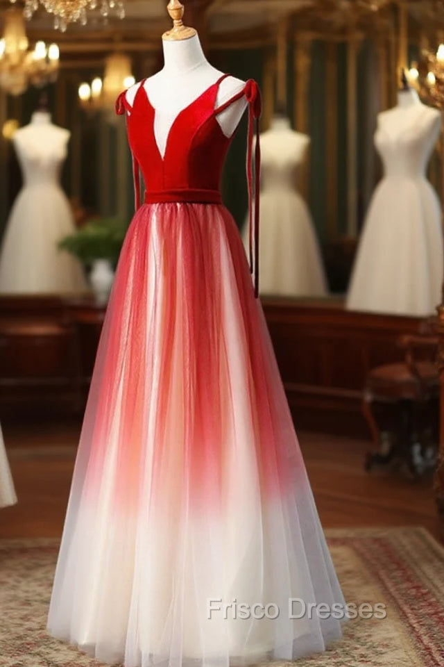 A-Line Red Velvet Tulle Long Formal Prom Dress, Red Formal Dress Secondary image