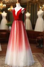 A-Line Red Velvet Tulle Long Formal Prom Dress, Red Formal Dress