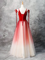 A-Line Red Velvet Tulle Long Formal Prom Dress, Red Formal Dress