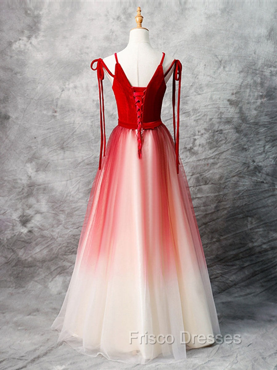 A-Line Red Velvet Tulle Long Formal Prom Dress, Red Formal Dress