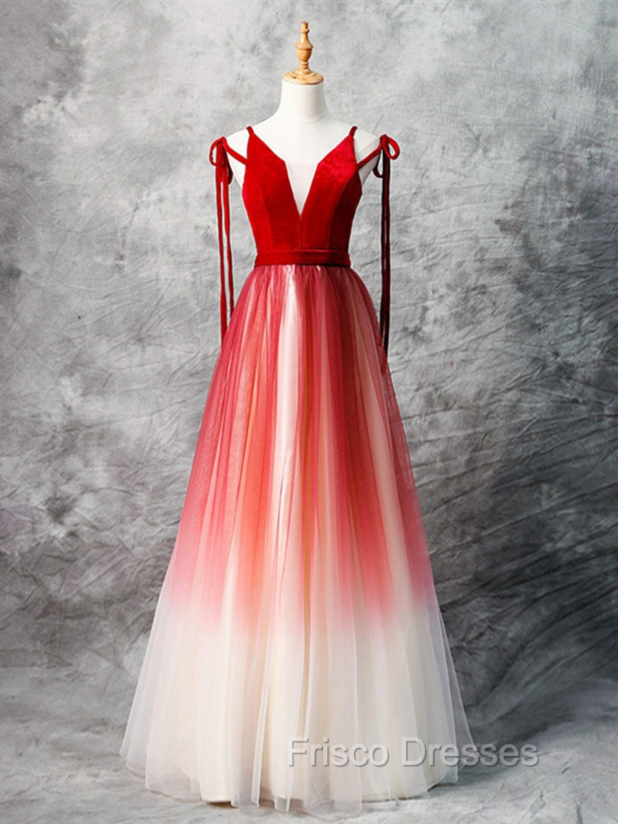 A-Line Red Velvet Tulle Long Formal Prom Dress, Red Formal Dress Main image