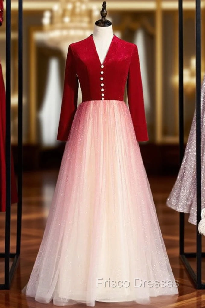 A-Line Red Velvet Tulle Long Sleeve Open Back Formal Prom Dress Main image