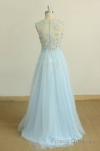 A Line Round Neck Baby Blue Lace Long Formal Prom Dresses with Butterfly, Baby Blue Lace Formal Graduation Evening Dresses