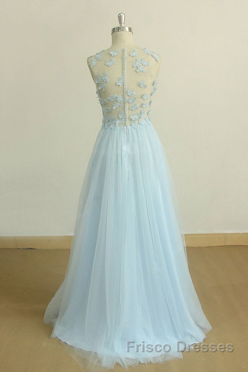 A Line Round Neck Baby Blue Lace Long Formal Prom Dresses with Butterfly, Baby Blue Lace Formal Graduation Evening Dresses