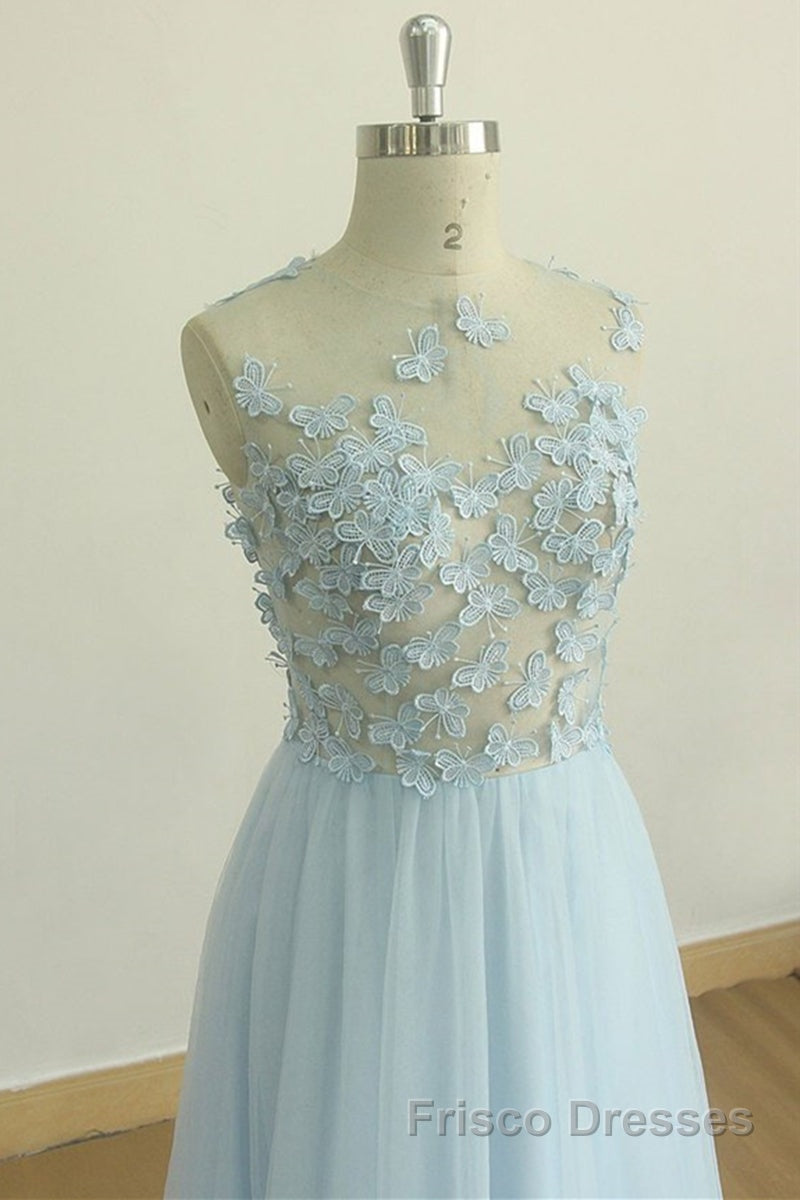 A Line Round Neck Baby Blue Lace Long Formal Prom Dresses with Butterfly, Baby Blue Lace Formal Graduation Evening Dresses