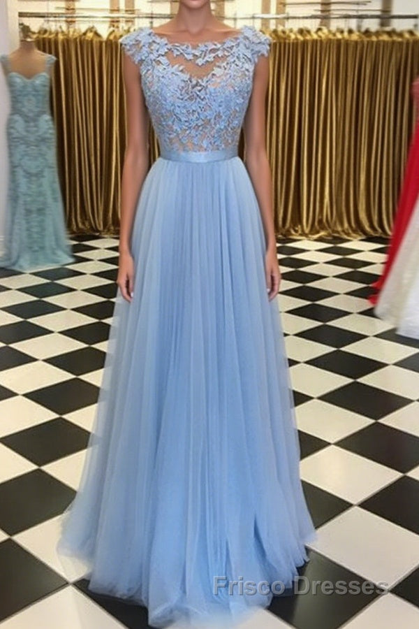 A Line Round Neck Blue Lace Appliques Tulle Long Formal Prom Dresses, Blue Lace Graduation Dresses, Blue Evening Formal Dresses Main image