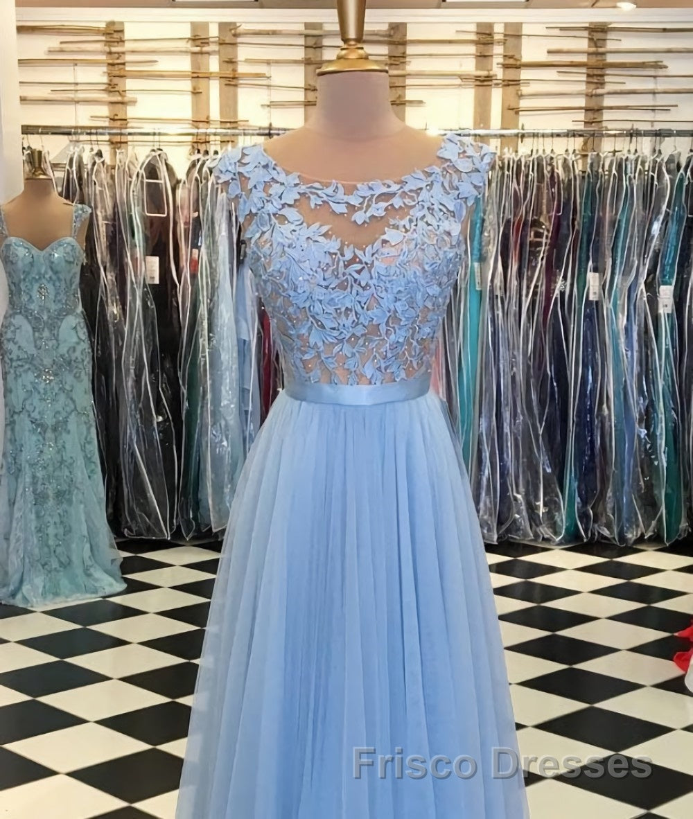 A Line Round Neck Blue Lace Appliques Tulle Long Formal Prom Dresses, Blue Lace Graduation Dresses, Blue Evening Formal Dresses Secondary image