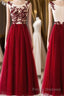 A Line Round Neck Burgundy Lace Tulle Long Formal Prom Dresses, Burgundy Lace Evening Dresses, Burgundy Lace Graduation Dresses