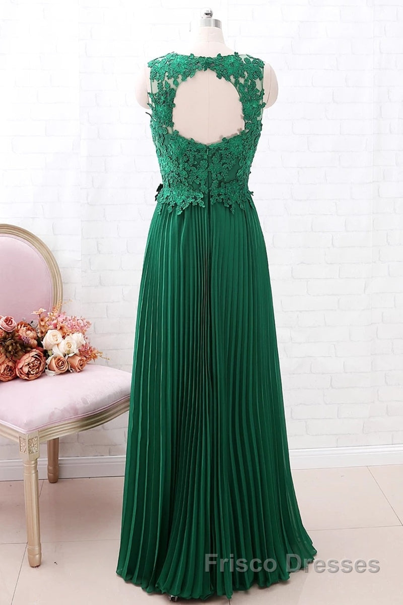A Line Round Neck Green Lace Long Formal Prom Dresses Bridesmaid Dresses, Open Back Lace Green Formal Dresses, Green Lace Evening Dresses